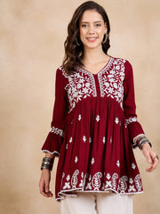 Red & White A-Line Viscose Rayon Kurti – V-Neck – Floral Embroidered
