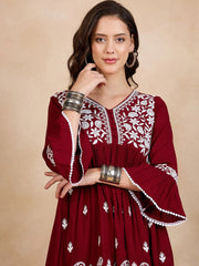 Red & White A-Line Viscose Rayon Kurti – V-Neck – Floral Embroidered