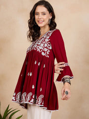 Red & White A-Line Viscose Rayon Kurti – V-Neck – Floral Embroidered