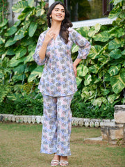 Purple Printed Silk Blend Co-Ord Set – V-Neck – Slip-On Closure