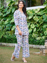 Purple Printed Silk Blend Co-Ord Set – V-Neck – Slip-On Closure