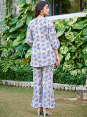 Purple Printed Silk Blend Co-Ord Set – V-Neck – Slip-On Closure