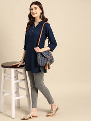 Navy Blue Straight Viscose Rayon Kurti – Mandarin Collar – Printed