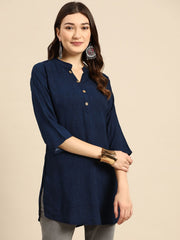 Navy Blue Straight Viscose Rayon Kurti – Mandarin Collar – Printed
