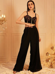 Black Embroidered Poly Georgette Co-Ord Set – Sweetheart Neck – Zip Closure