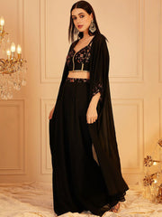 Black Embroidered Poly Georgette Co-Ord Set – Sweetheart Neck – Zip Closure