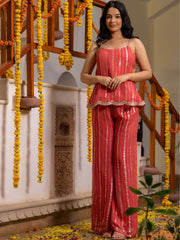 Red Striped Poly Georgette & Silk Blend Co-Ord Set – Shoulder Straps – Striped