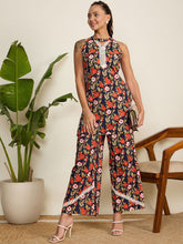 Navy Blue & Red Floral Printed Pure Cotton Co-Ord Set – Halter Neck – Sleeveless