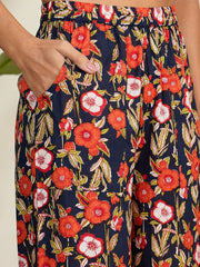 Navy Blue & Red Floral Printed Pure Cotton Co-Ord Set – Halter Neck – Sleeveless