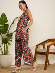 Navy Blue & Red Floral Printed Pure Cotton Co-Ord Set – Halter Neck – Sleeveless