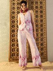 Lavender Printed Viscose Rayon Co-ord Set – V-Neck Waist Coat – Button Closure