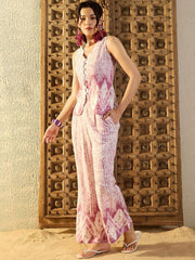 Lavender Printed Viscose Rayon Co-ord Set – V-Neck Waist Coat – Button Closure