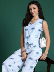 Printed Polyester Co-Ord Set – V-Neck Waistcoat Top – Button Detail