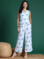 Printed Polyester Co-Ord Set – V-Neck Waistcoat Top – Button Detail