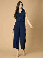 Blue Solid Polyester Co-Ord Set – Notched Lapel Collar – Button Closure