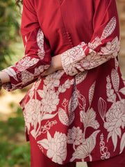 Red Printed Cotton Co-Ord Set – Mandarin Collar – Printed