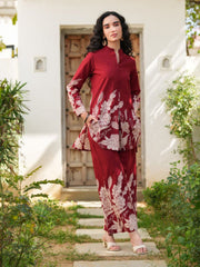 Red Printed Cotton Co-Ord Set – Mandarin Collar – Printed