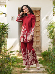 Red Printed Cotton Co-Ord Set – Mandarin Collar – Printed