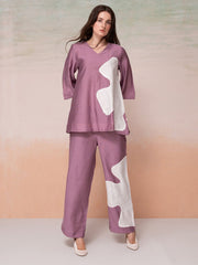 Purple & White Viscose Rayon Night Suit – V-Neck – Applique Detail