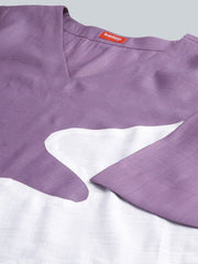 Purple & White Viscose Rayon Night Suit – V-Neck – Applique Detail