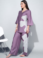Purple & White Viscose Rayon Night Suit – V-Neck – Applique Detail