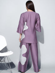 Purple & White Viscose Rayon Night Suit – V-Neck – Applique Detail