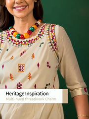 Off White Embroidered Pure Cotton Co-Ord Set – Round Neck – Floral Embroidery