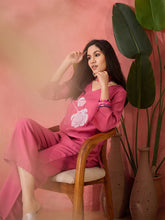 Pink Embroidered Silk Blend Co-Ord Set – V-Neck – Floral Embroidery