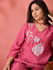 Pink Embroidered Silk Blend Co-Ord Set – V-Neck – Floral Embroidery