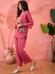 Pink Embroidered Silk Blend Co-Ord Set – V-Neck – Floral Embroidery