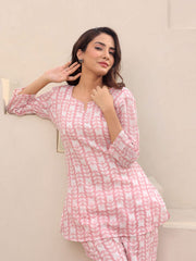 Pink & White Printed Pure Cotton Tunic & Trousers Set – Notch Neck – Casual