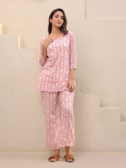 Pink & White Printed Pure Cotton Tunic & Trousers Set – Notch Neck – Casual
