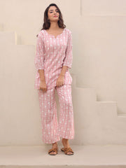 Pink & White Printed Pure Cotton Tunic & Trousers Set – Notch Neck – Casual