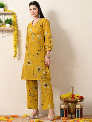 Mustard Printed Cotton Blend Co-Ord Set – V-Neck – Slip-On Closure
