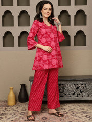 Red Printed Pure Cotton Co-Ord Set – V-Neck – Three-Quarter Sleeves