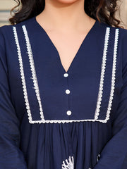 Navy Blue Embroidered Viscose Rayon Co-ord Set – V-Neck – Thread Embroidery