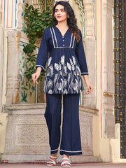 Navy Blue Embroidered Viscose Rayon Co-ord Set – V-Neck – Thread Embroidery
