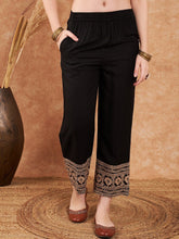 Black Straight Viscose Rayon Palazzo – Elasticated Waistband – Zari Embroidered