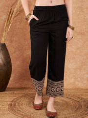 Black Straight Viscose Rayon Palazzo – Elasticated Waistband – Zari Embroidered