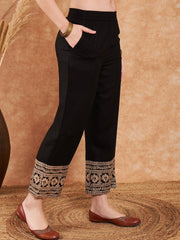 Black Straight Viscose Rayon Palazzo – Elasticated Waistband – Zari Embroidered