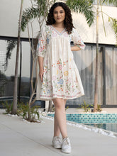 Off White Empire Cotton Dress – V-Neck – Floral Embroidered