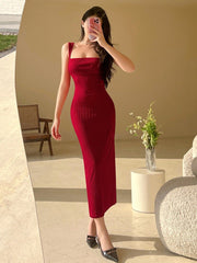 Red Bodycon Polyester Maxi Dress – Shoulder Straps – Solid