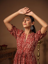 Red Floral A-Line Cotton Midi Dress – V-Neck – Puff Sleeves