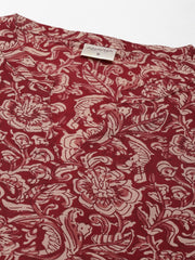 Red Floral A-Line Cotton Midi Dress – V-Neck – Puff Sleeves