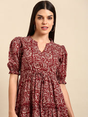 Red Floral A-Line Cotton Midi Dress – V-Neck – Puff Sleeves