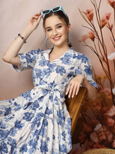 Blue Floral Print Cotton Maxi Dress – Shirt Collar – Gathered Detail
