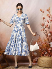 Blue Floral Print Cotton Maxi Dress – Shirt Collar – Gathered Detail