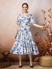 Blue Floral Print Cotton Maxi Dress – Shirt Collar – Gathered Detail