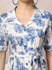 Blue Floral Print Cotton Maxi Dress – Shirt Collar – Gathered Detail