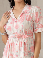 Pink Floral Print Cotton Midi Dress – V-Neck – Gathered Detail